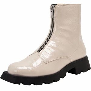 Katy Perry Collections Cream Patent Front-Zip Lug Sole Ankle Boot